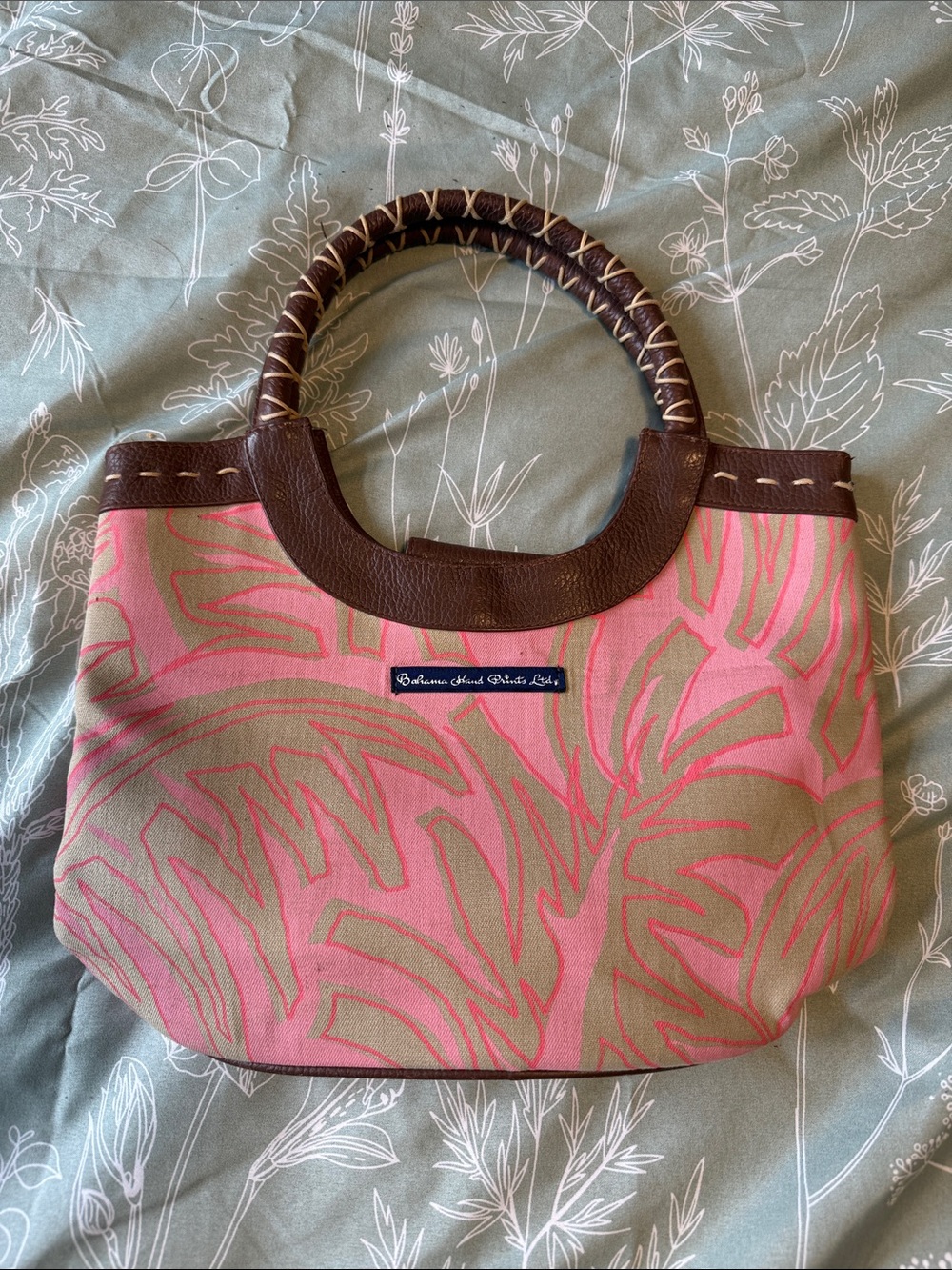 Bahama Island Pink Canvas Bag with Brown Leather Trim